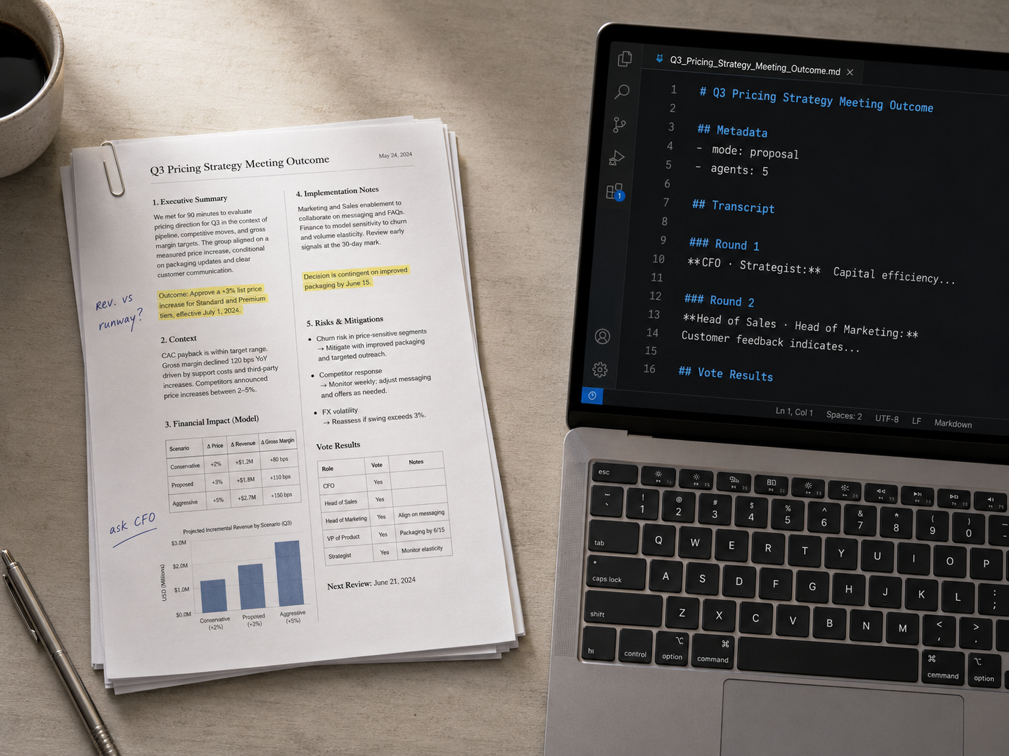 Overhead flat-lay — a printed paper report alongside a laptop displaying the same outcome as a Markdown file. Two artifacts of the same conclusion: one for people, one for machines.