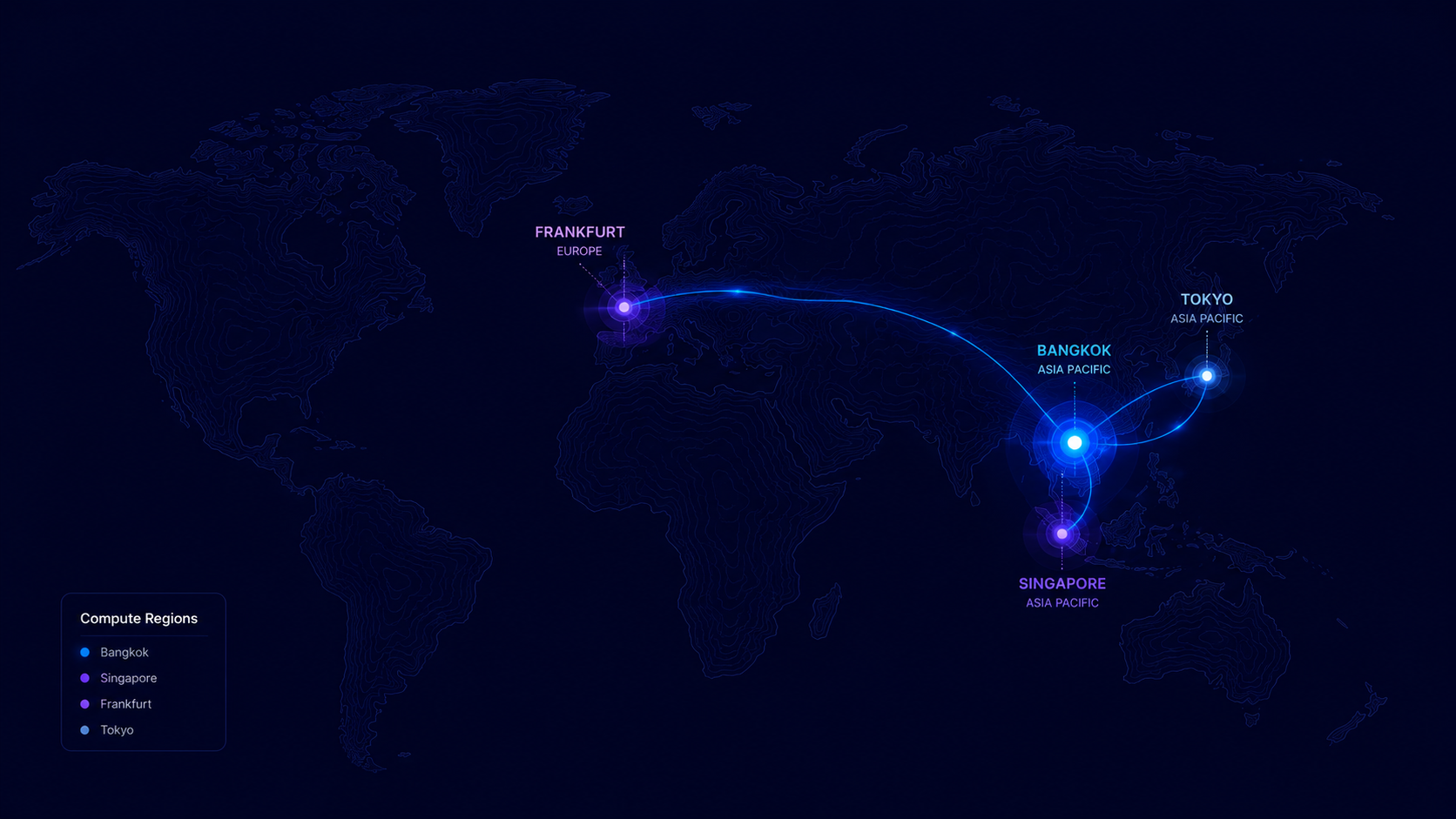 Amicus compute regions — Bangkok, Singapore, Frankfurt, and Tokyo highlighted on a stylized world map